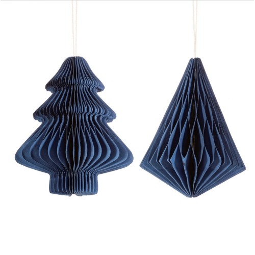 Honeycomb Paper Ornament - Dark Blue Tree & Diamond 