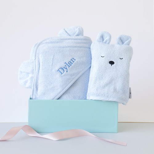 Blue Bear Hooded Towel & Bath Mitt